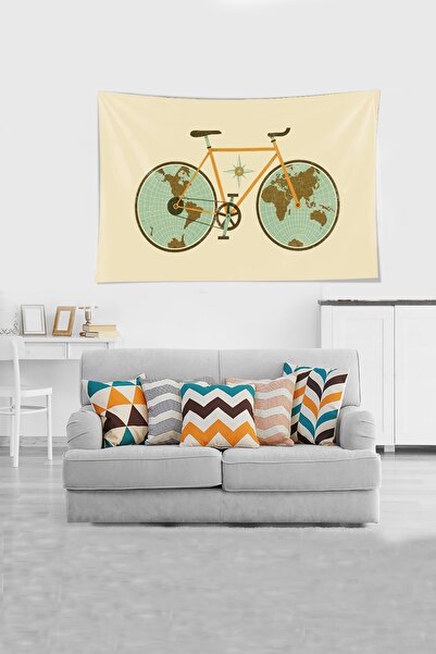 on the clouds Beige Bicycle World Patterned Stain Resistant Velvet Fabric Wall Cloth Wall Carpet Tapestry