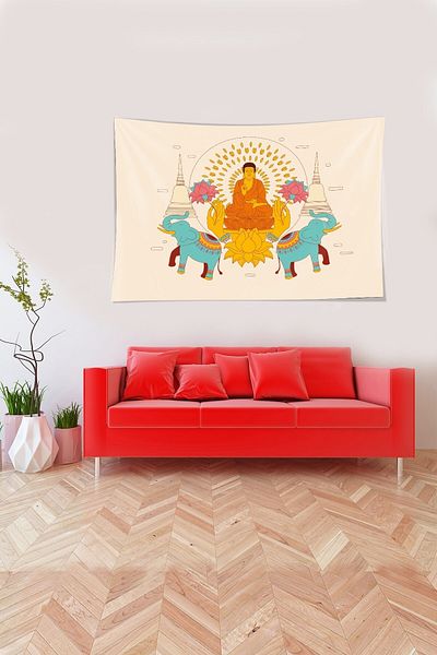 on the clouds Buddha Patterned Cream Buddha Stain Resistant Velvet Wall Covering Tapestry