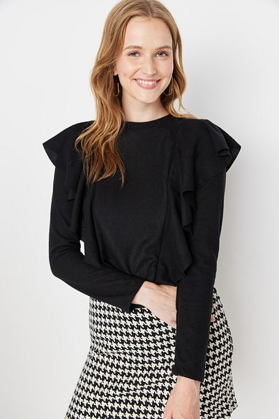 Trendyol Collection Black Ruffle Detailed Selanik Basic Knitted Blouse TWOAW23BZ00467