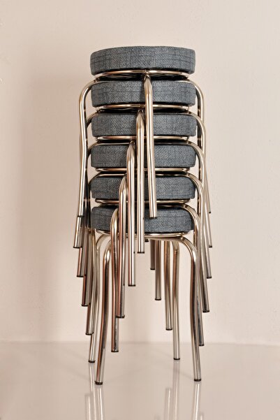 AKK TİCARET 6 Adet Mavi Desenli Renkli Kumaş Nikelajlı Demir Tabure Mutfak Taburesi