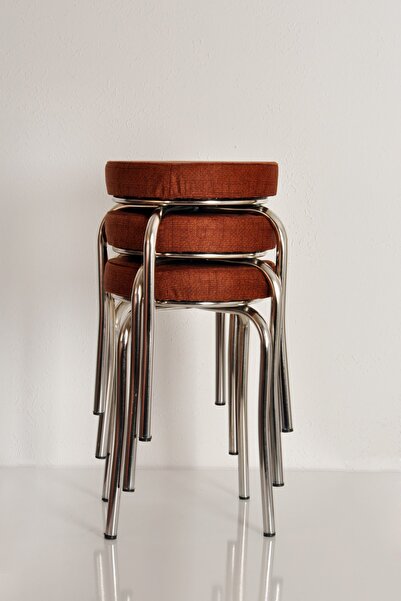 AKK TİCARET 3 Adet Kiremit Desenli Renkli Kumaş Nikelajlı Demir Tabure Mutfak...