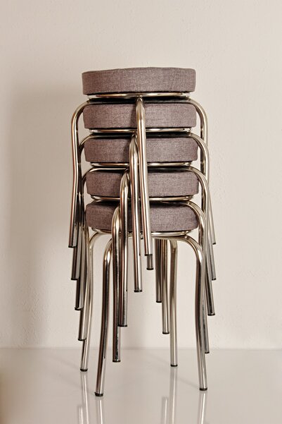 AKK TİCARET 5 Adet Gri Desenli Renkli Kumaş Nikelajlı Demir Tabure Mutfak Taburesi