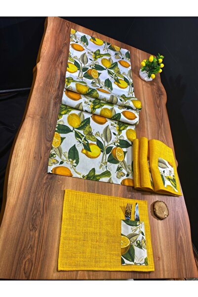 Biz Class Lemon Pattern 4 Pieces Wicker Yellow Jute American Service and Runner Set, Lemon Runner / Runner-Tablecloth