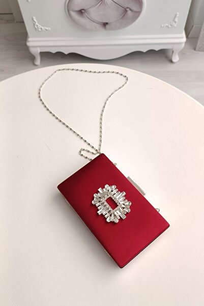 LA CALZATURE Claret Red Satin Thin Cornered Case King Stone Accessory Evening...
