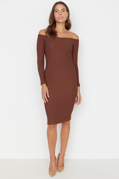 Trendyol Collection Καφέ Οθωμανικό πλεκτό φόρεμα με γιακά Carmen TWOAW23EL00454