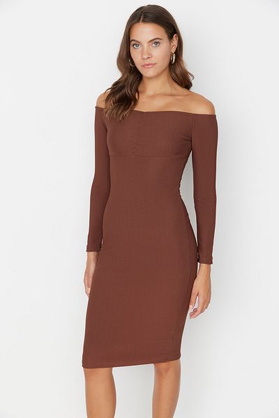 Trendyol Collection Καφέ Οθωμανικό πλεκτό φόρεμα με γιακά Carmen TWOAW23EL00454