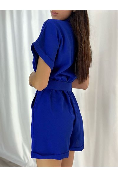rengamoda Women's Blue Woven Crepe Fabric Belted Shorts Jumpsuit