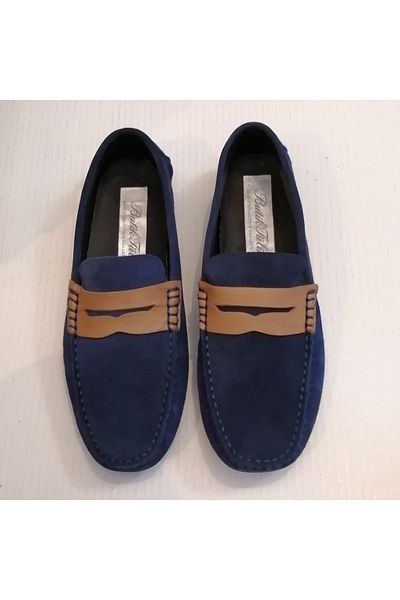 Butik Tülin Unisex Genuine Leather Suede Navy Blue Banded Hand Stitched Very Soft Flexible Fitted Rubber Sole Loafer