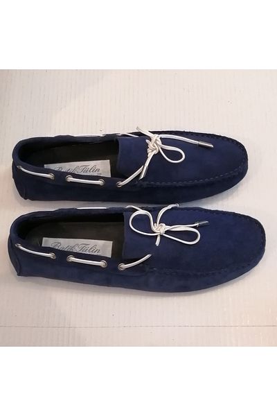 Butik Tülin Unisex Genuine Leather Suede Navy Blue Lacing Hand Stitched Very Soft Flexible Fitting Rubber Sole Loafer