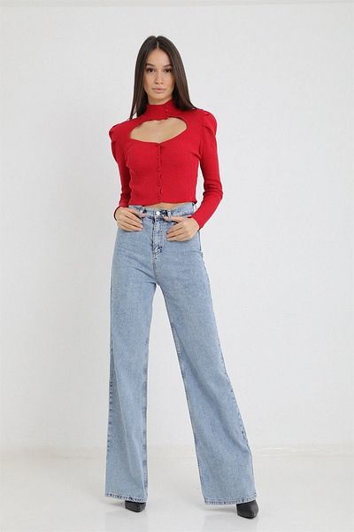 LİMABEL Golden Summer Blue Snow Wash Palazzo Wideleg Jean Power Lycra Femei Talie înaltă