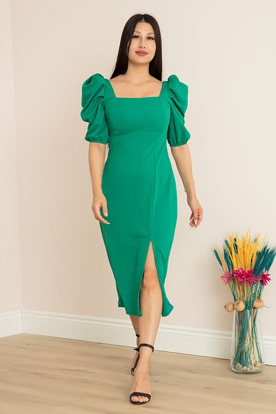 PULLIMM Rochie crep midi cu mâneci prințesă cu decolteu inimă 9003