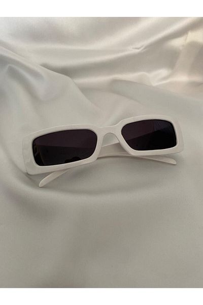 Mathilda Aksesuar Vintage Model Diamond Pattern Detailed White Unisex Sunglasses