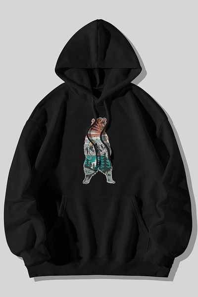 Harmandar Spirit of the Forest Bear Printed Unisex Black Kangaroo Pocket Hooded Sweatshirt Hoodie