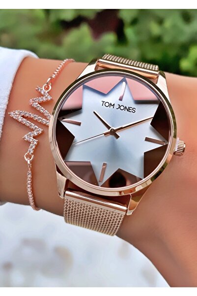 Tom Jones ساعة يد نسائية بلون ذهبي وردي - هدية سوار
