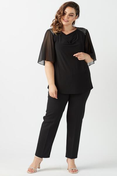 Moda Alba بلوزة نسائية أنيقة ومرنة مقاسات كبيرة مع أحجار كتف سوداء