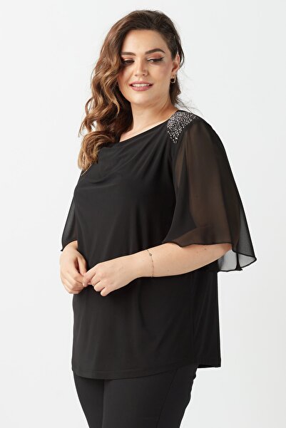 Moda Alba Μαύρη πέτρα στους ώμους Κομψή ελαστική γυναικεία μπλούζα μεγάλου μεγέθους