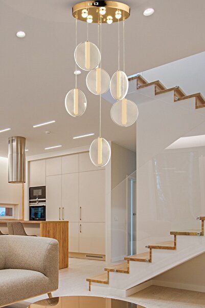 burenze Modern Luxury Led Avize Gold Sarı Altılı Sarkıt Avize Gün Işığı