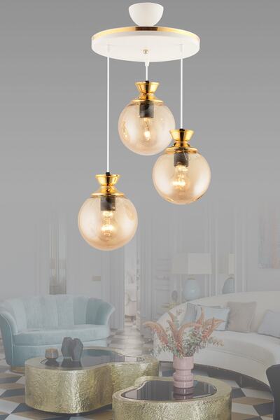 Genel Markalar Dilara 3 Lü Tepsi Beyaza Gold Yuvarlak Camlı Salon Avizesi