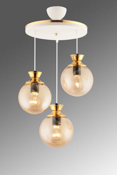 Genel Markalar Dilara 3 Lü Tepsi Beyaza Gold Yuvarlak Camlı Salon Avizesi