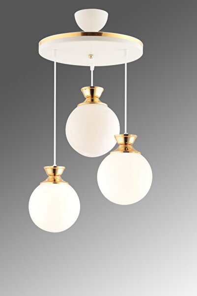 GYK LİGHT Dilara 3 Lü Tepsi Beyaza Gold Yuvarlak Camlı Salon Avizesi