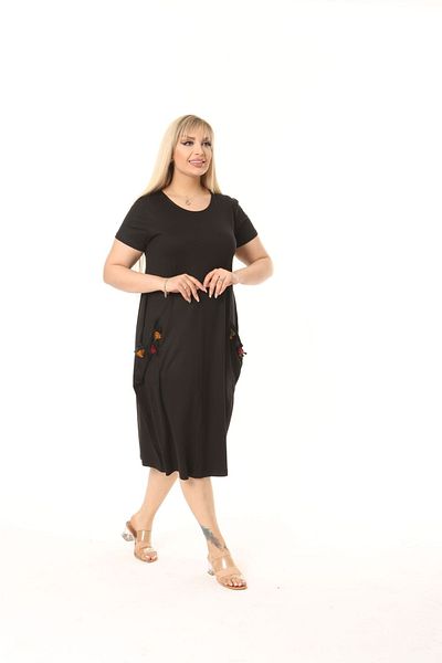 Mami Plus Size Ethnic Double Pocket Knee Length Short Sleeve Comfortable Cut Viscose Combed Cotton Dress