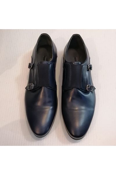 İnci Unisex Leather Navy Blue Double Buckle Elastic Hard Rubber Sole Loafer Shoes
