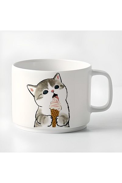 GünayStore Double Turkish Coffee Cup & Espresso Ice Cream Cats Printed Mug 180 Ml
