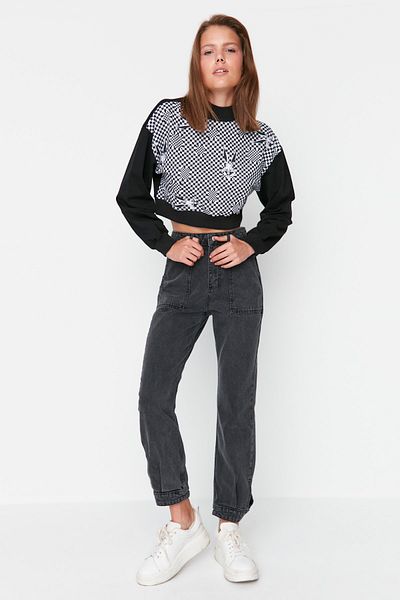 Trendyol Collection Blugi Mom cu talie înaltă cu detaliu picior antracit TWOAW23JE00245
