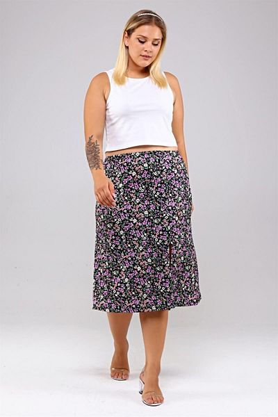 Seamoda Floral Patterned Slit Wrap Skirt-black