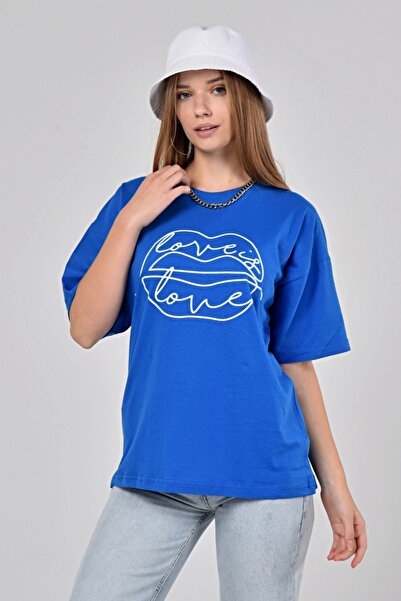 Mad&Calf Tricou oversize cu imprimeu Blue Love Is pentru femei