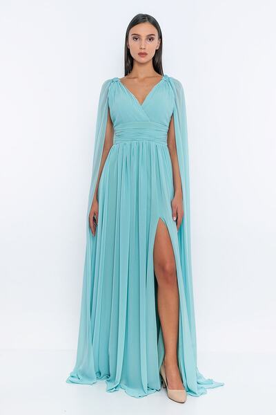 INVIDIA Omzu Pelerin Detaylı Yırtmaçlı Abiye