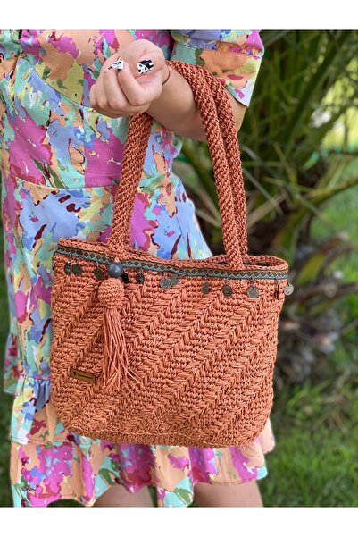 Gönülden Tasarım Плетена сумка з етнічним візерунком, ручка з етнічною стрічкою, підкладка, дизайн, папір, мотузка, 33x29