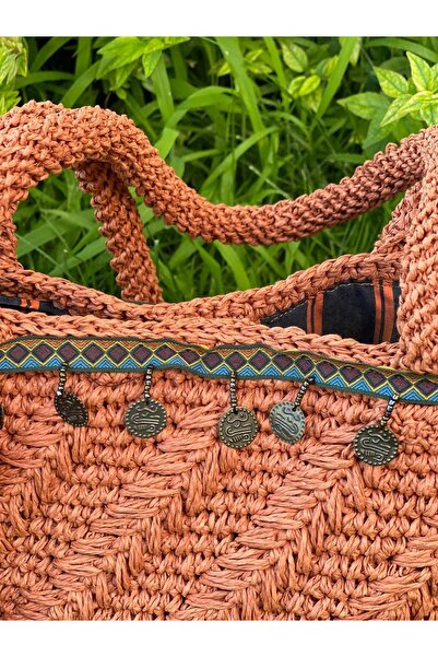 Gönülden Tasarım Плетена сумка з етнічним візерунком, ручка з етнічною стрічкою, підкладка, дизайн, папір, мотузка, 33x29