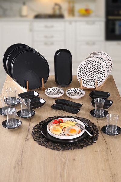 Keramika Black And White Love 6 Person 33 Piece Breakfast Set