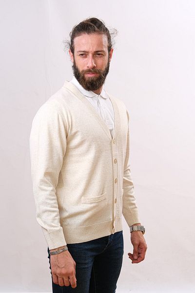 Çukurova Wool Classic Men's Knitwear Cardigan - Bone Color