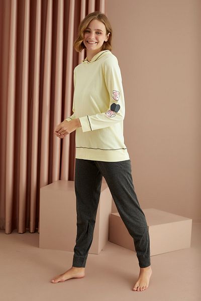 Siyah İnci Yellow Cotton Lycra Hooded Pajama Set