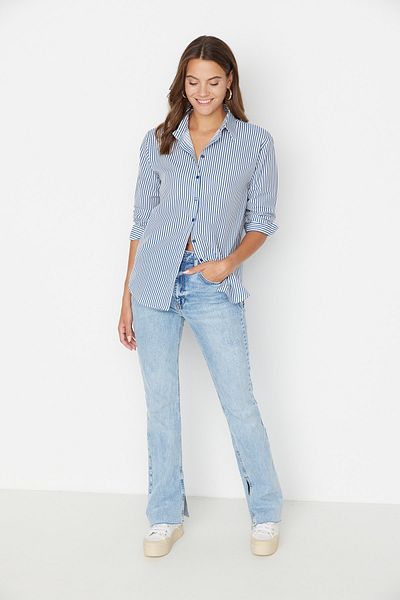 Trendyol Collection Cămașă țesută cu dungi indigo TWOAW23GO00022