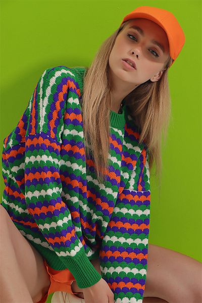 Trend Alaçatı Stili Women's Green Crew Neck Jacquard Multicolor Knitwear Sweatshirt ALC-X9045