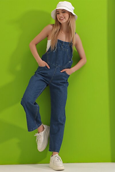 Trend Alaçatı Stili Dunkelblaue Damen-Salopet aus Denim mit Kängurutaschen für Gärtnerinnen ALC-X9072