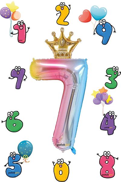 Patladı Gitti 7 Years Old Rainbow Number And King Crown Foil Balloon Birthday Party Celebration Set