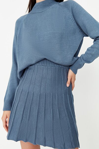 Trendyol Collection Indigová skládaná sukně Pletená souprava spodního dílu TWOAW23AU00184