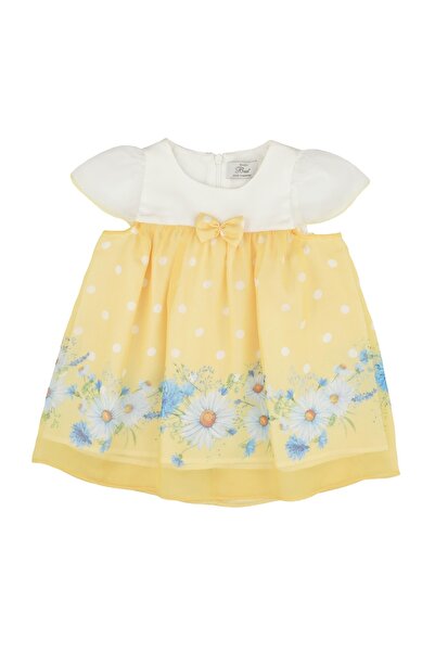 best kids Kız Bebek Ekru-sarı Çiçek Baskılı Şifon Elbise
