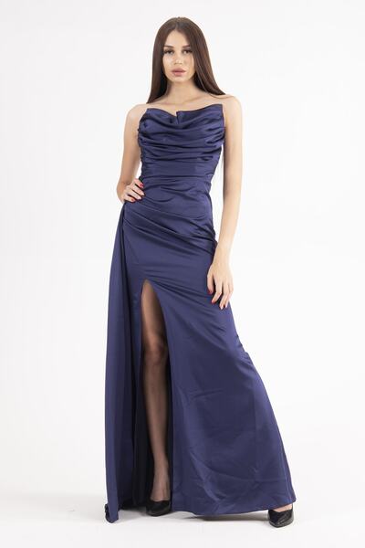 belamore Straplez Drape Detaylı Yırtmaçlı Saten Kumaş Abiye Elbise Lacivert 1...