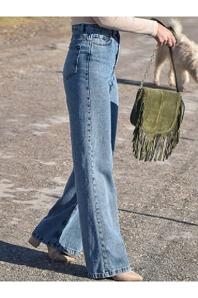 LİMABEL Isla Deep Blue Snow Wash Palazzo Wideleg Jean Power Lycra Femei Talie înaltă
