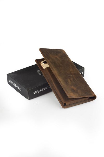 Fiyaka WP-2741c Калъф за телефон с дълъг портфейл от естествена кожа, кафяв