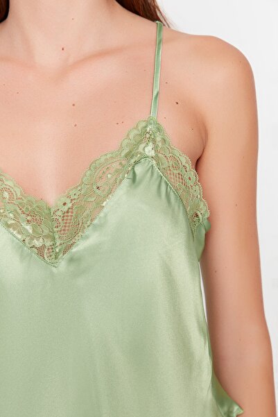 Trendyol Collection Zelený krajkový provazový popruh saténový tkaný pyžamový set Thmss22Pt0269
