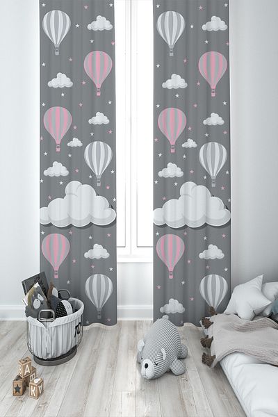BAMBAŞKA MODA Baby and Children's Room Flying Balloon Two Wing Background Curtain Bmfp-308