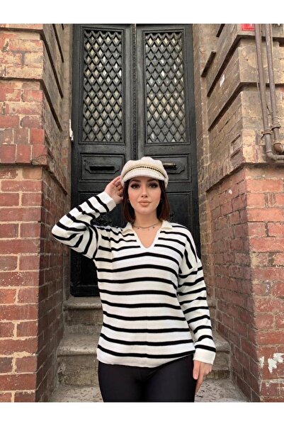 winterclup Pulover de tricotat cu dungi albe pentru femei Azracollection