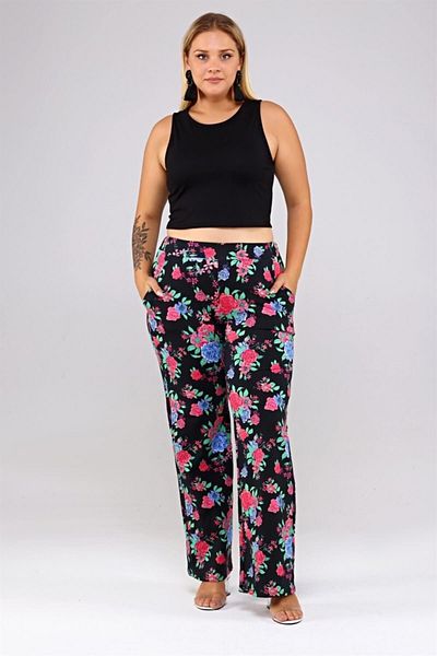 Seamoda Pantaloni tricotați cu model floral cu talie elastică