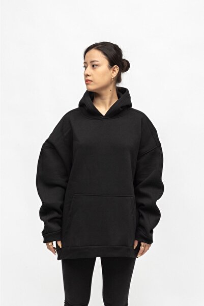 Generic Brand Unisex Black Hooded American Fit Oversize Basic Sweatshirt